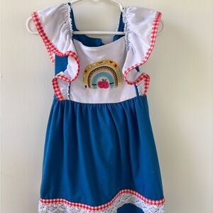 Girls Rainbow Apple Dress Boutique Style Blue Ruffle School Dress 4T